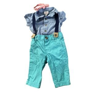 Baby 0-3M Outfit - Chambray Shirt, Aqua Pants, Suspenders, Pink Headband